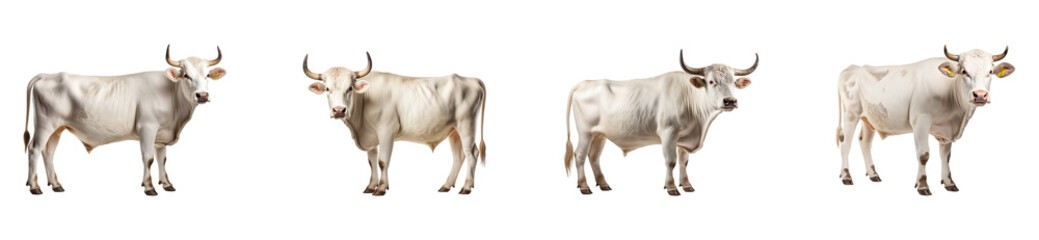 A collection of white cows with horns, isolated on a transparent background