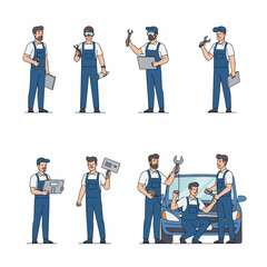 Car mechanics repair service worker characters collection