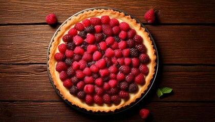 Overhead View of Round Fruit Tart with Raspberries on Wooden Table