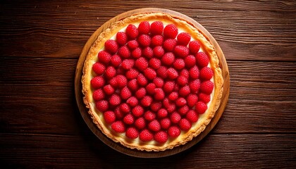 Overhead View of Round Fruit Tart with Raspberries on Wooden Table