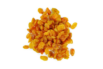 Golden raisins isolated on white background. Top view.
