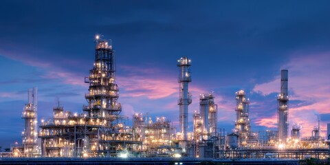 Fototapeta premium Aerial view of large industrial refinery complex under clear blue sky with soft ambient lighting, showcasing modern energy production infrastructure