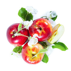 Red whole and sliced ​​apples with flowers and leaves. Isolated on white.