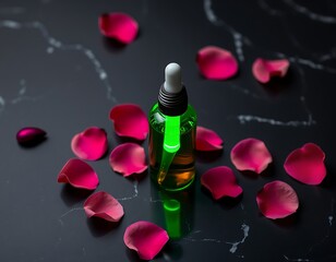 Rose Oil Dropper Bottle with Petals on a Black Marble Surface