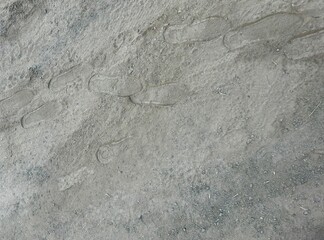 Footprints on a dry dusty dirt road. The shoe prints and soil texture create a dynamic pattern. Useful for themes of walking, travel, path, and direction.