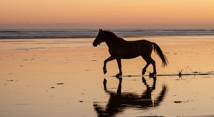 Caballo galopando en la orilla del mar al atardecer con reflejo en el agua, símbolo de libertad y naturaleza salvaje