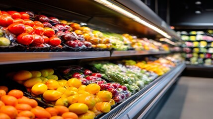 Obraz premium Colorful assortment of fresh fruits and vegetables neatly displayed in a contemporary supermarket aisle, showcasing healthy eating and grocery shopping concepts.