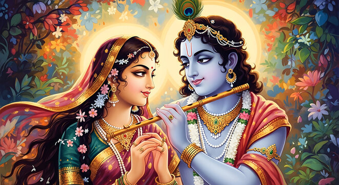 Divine Romance Radha Krishna, Indian Gods, Love, Flute, Peacock Feather, Hindu Mythology, Art.