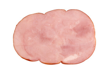 cooked and smoked ham isolated on white background, top view, slice of cold smoked meat for any design