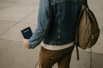 Traveler holding passport outdoors.