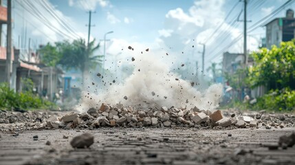 A pile of rubble is on the street, with a cloud of dust and debris