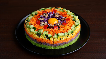 A rainbow sushi cake is photographed from directly above on a round black ceramic plate positioned on a dark wooden table surface