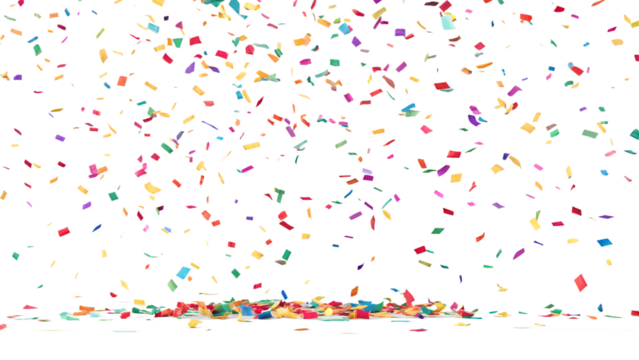 Colorful confetti explosion isolated on transparent background (PNG format). Ideal for celebration themes, party graphics, birthdays, festivals, and New Year designs. High-resolution with no shadows.