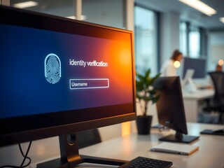 Naklejka premium Identity verification request on screen in modern office setting 