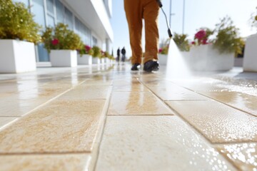 Woman pressure washing patio while sunlight reflects off clean tiles