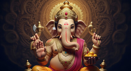 Divine Lord Ganesha Hindu Deity, Elephant God, Wisdom, Prosperity, Remover of Obstacles, Golden Statue, Religious Art.