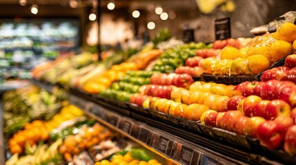 Obraz premium Colorful assortment of fresh fruits and vegetables neatly displayed in a contemporary supermarket aisle, showcasing healthy eating and grocery shopping concepts.