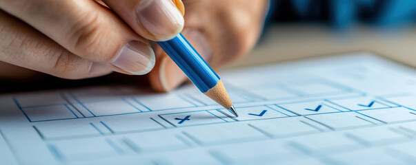 Person marking checkboxes on form with pencil, focusing on accuracy and detail