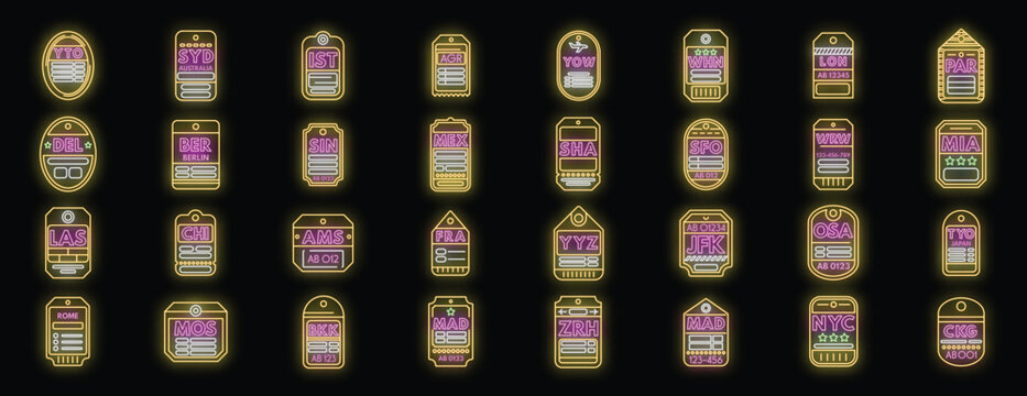 Glowing neon luggage tags featuring iata airport codes from various global destinations, creating a vibrant travel themed design