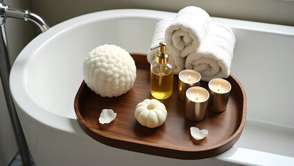 Fototapeta premium Serene Bathroom Setting with Candles and Bath Oils