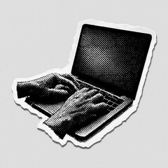Plakat Retro hands typing laptop illustration.