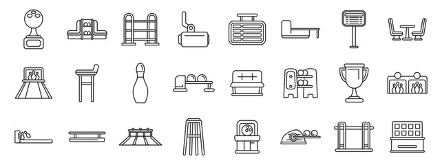 Bowling club interior icons set. Bowling icons depict various aspects of the sport, including equipment, scoring, seating, and the bowling alley environment