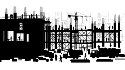 Silhouette of Urban Construction Site with Workers and Cranes