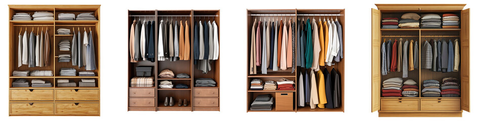 A collection of wooden wardrobes with organized clothing isolated on a transparent background