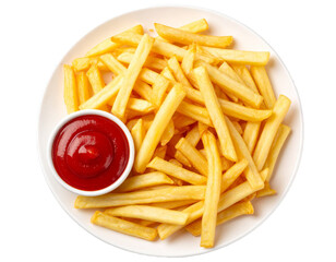 Top view of French fries with ketchup on plate – transparent background

