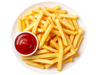 Top view of French fries with ketchup on plate – transparent background

