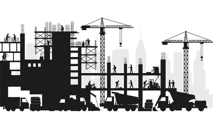 Urban Construction Skyline: Silhouette of a Busy Building Site
