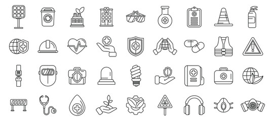 HSE icons set. Protecting workers and planet with healthcare, security measures, and eco conscious practices