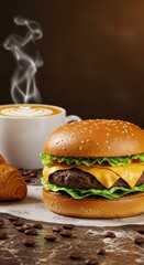 Delicious burger with cheese and lettuce on wood table, beside hot latte with art and coffee beans.
