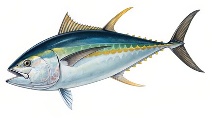 Fototapeta premium A playful cartoon tuna with bold outlines and friendly features, designed for whimsical seafood branding.
