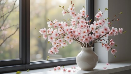 Blooming cherry branches in ceramic vase on windowsill