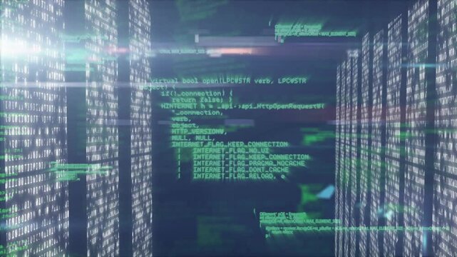 Opening corridor, code pillars scrolling, C-style block emerging highlighting group allocation