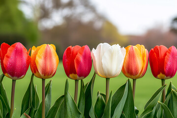 Vibrant tulips in a row, display captivating colors of red, yellow, and white in sptime garden.