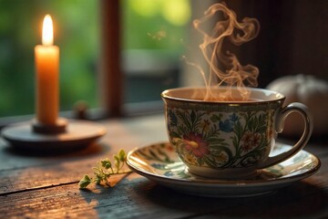 Fototapeta premium A steaming mug of herbal tea sits on a rustic wooden table next to a lit candle, creating a tranquil and calming atmosphere perfect for unwinding after a long day , beverage, healthy, steam