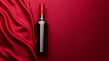 A bottle of red wine stands elegantly against draped silky ruby fabric in a studio setting.