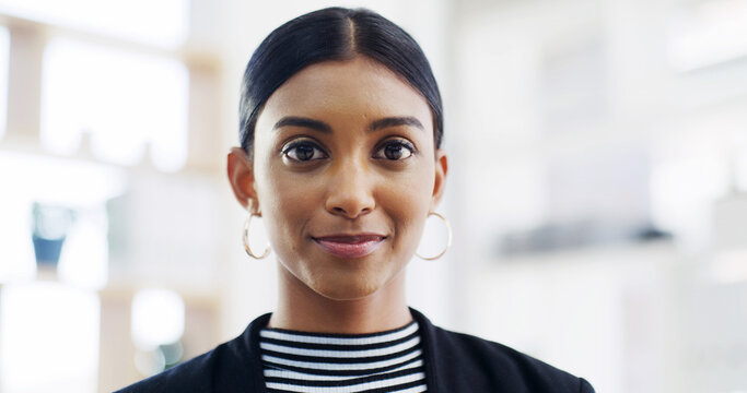 Portrait, paralegal and woman with smile, office and first day in law firm, confident and corporate. Happy, legal assistant and female person with ambition for career growth, intern or pride in India