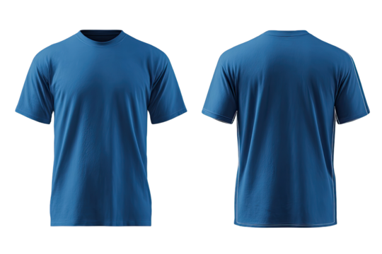 Front and back view of a plain, deep blue t-shirt