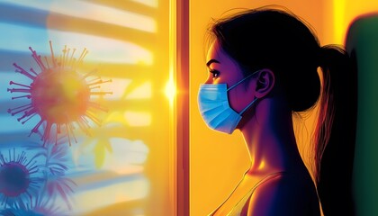 A young woman wearing a face mask gazes out a window, reflecting on a global health crisis.