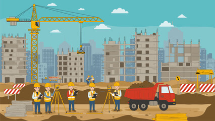 Urban Construction Site with Engineers and Workers © Mucher