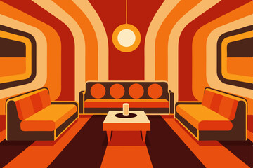 retro 70s living room with bold patterns and sunke