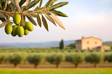 Green olives hanging from a branch in an olive grove with a Tuscan farmhouse in background.