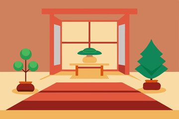 zen meditation room with tatami mats and bonsai