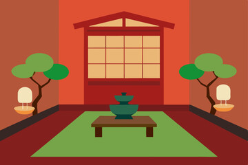 zen meditation room with tatami mats and bonsai