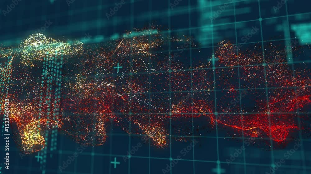 Poster opening teal grid, data cloud appearing left and moving right, cascading code visualizing data flow