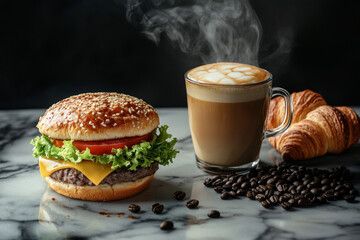 Delicious burger with cheese and lettuce on wood table, beside hot latte with art and coffee beans.
