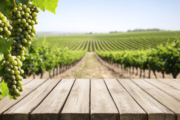 Wooden table with ripe green grapes hanging against vineyard rows in the background, sunny day.